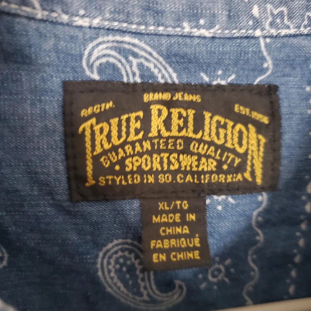 True Religion XL Bandana Patchwork Denim Button-Up Shirt‎ Logo Pocket